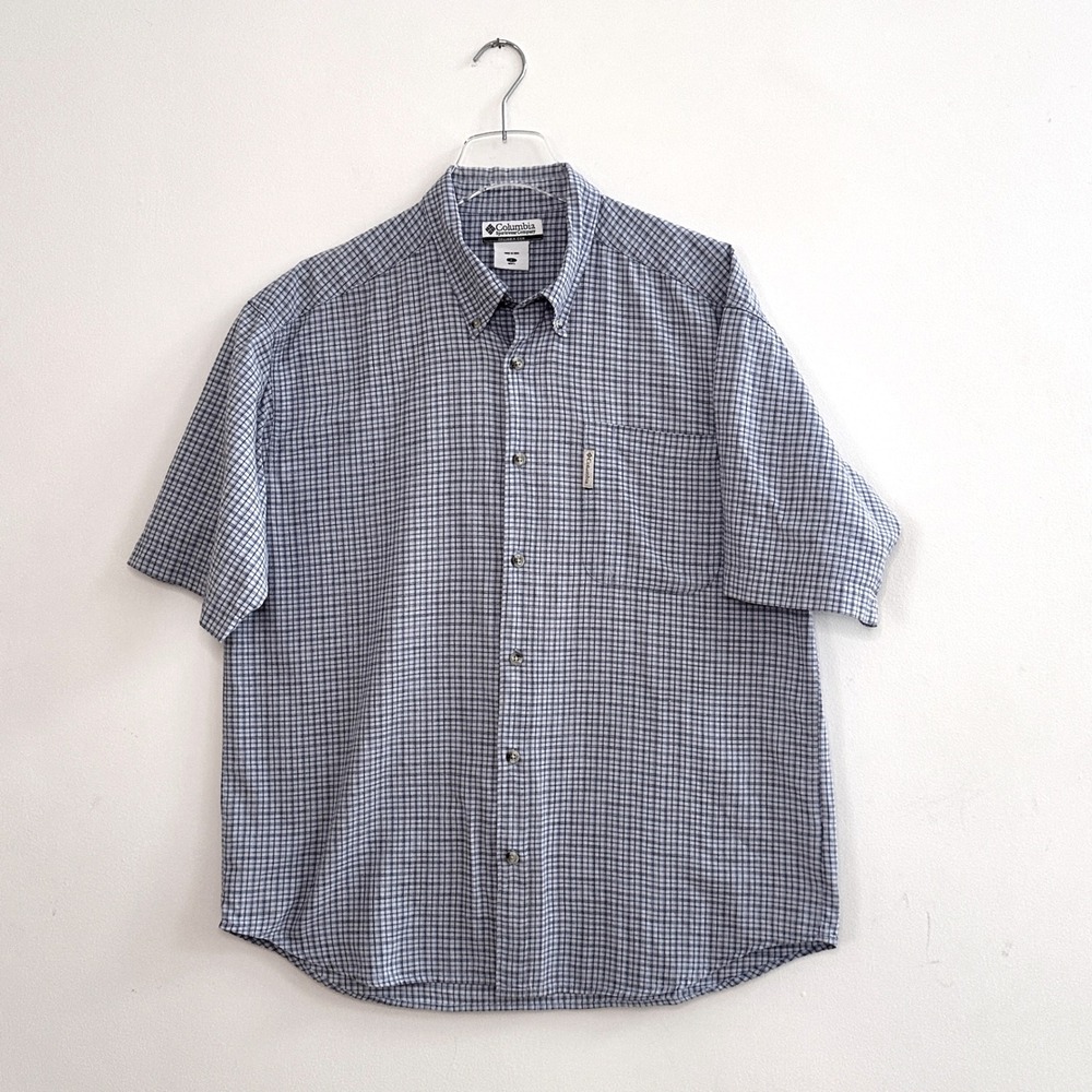 Columbia Mens Classic Blue White Micro Check Short Sleeve Button Down Shirt L